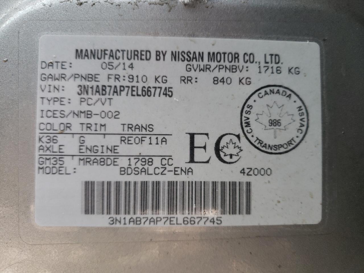 Photo 10 from auction – 2014 NISSAN SENTRA S with VIN 3N1AB7AP7EL667745