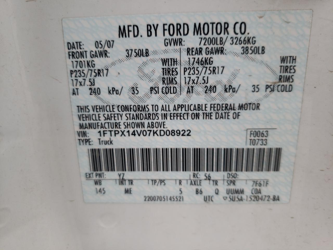 Фото 10 с аукциона – 2007 FORD F150 с VIN 1FTPX14V07KD08922