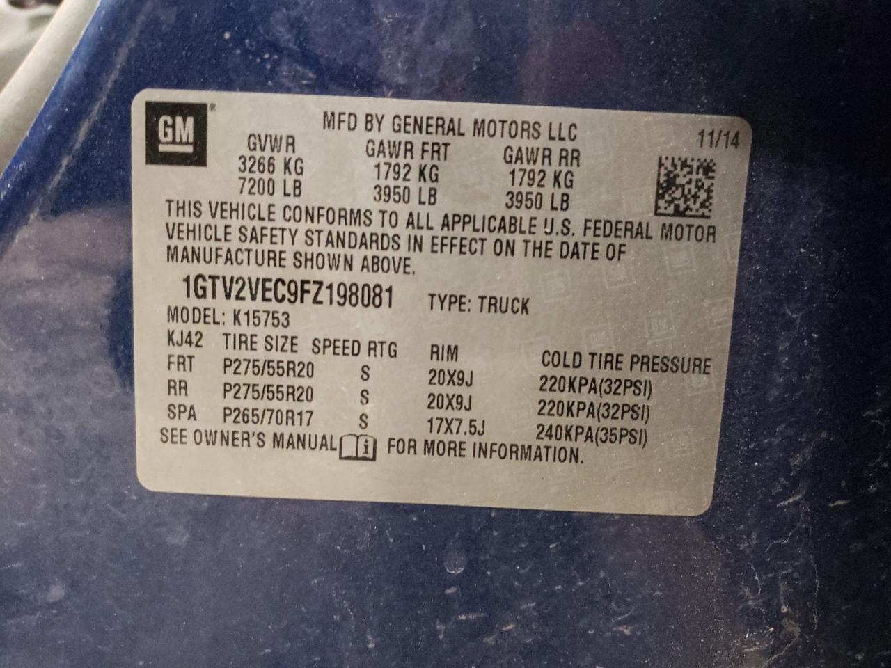 Photo 10 from auction – 2015 GMC SIERRA K15 with VIN 1GTV2VEC9FZ198081