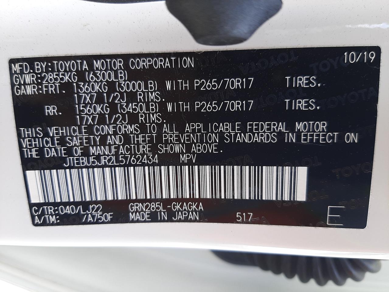 Photo 10 from auction – 2020 TOYOTA 4RUNNER SR with VIN JTEBU5JR2L5762434