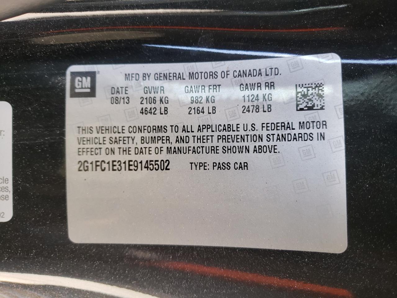 Photo 10 from auction – 2014 CHEVROLET CAMARO LT with VIN 2G1FC1E31E9145502