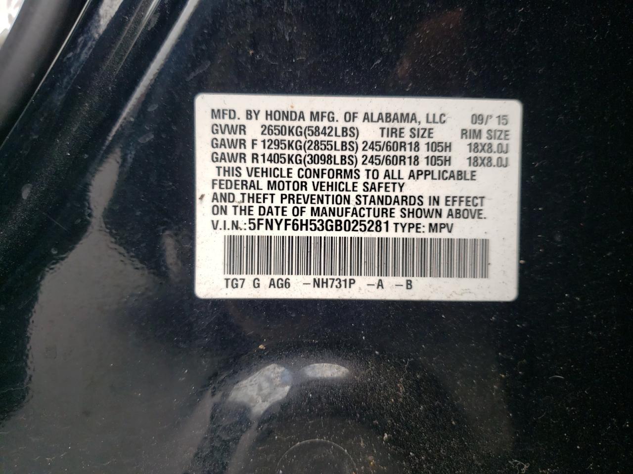 Photo 10 from auction – 2016 HONDA PILOT EXL with VIN 5FNYF6H53GB025281