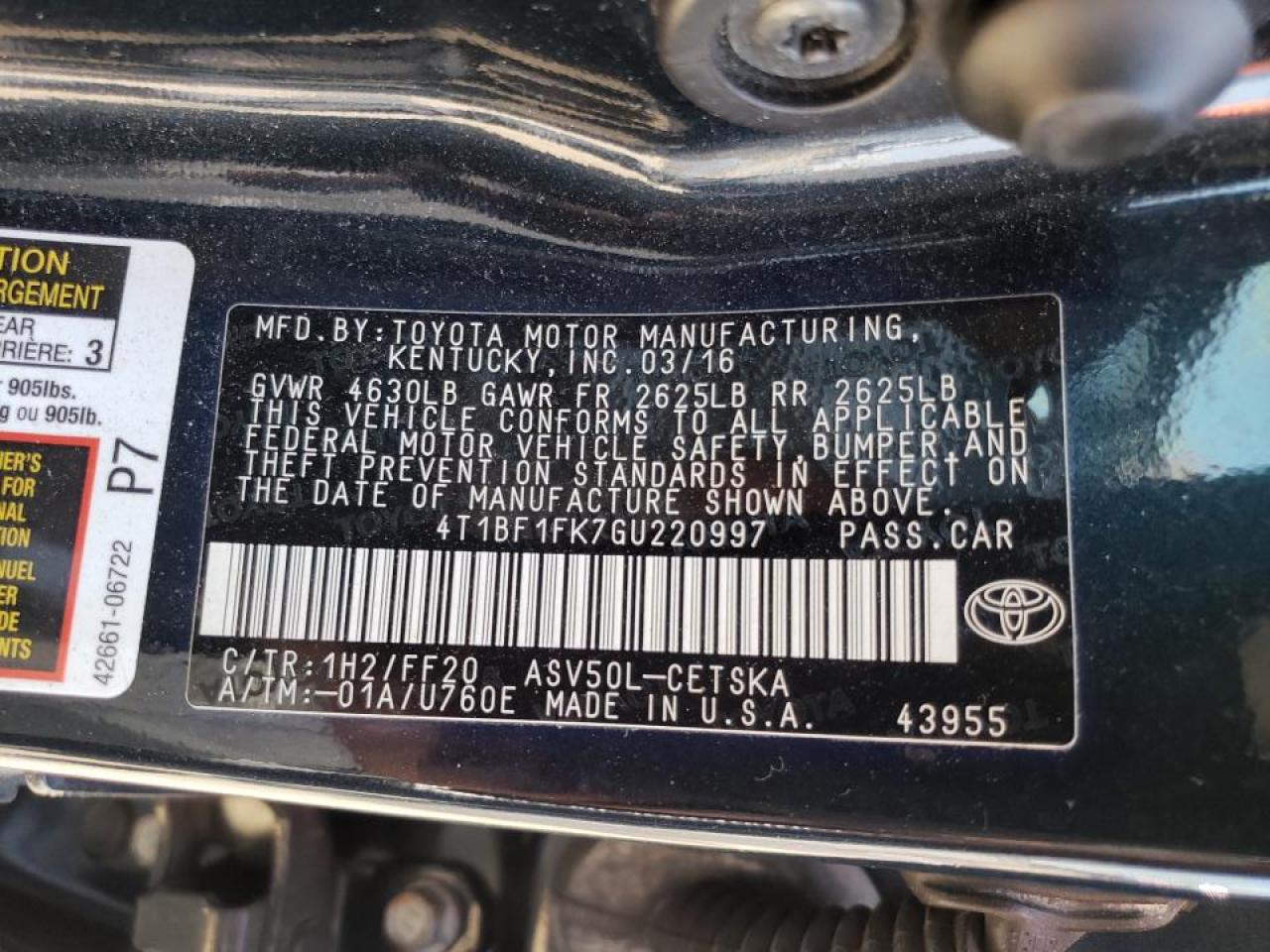 Photo 10 from auction – 2016 TOYOTA CAMRY LE with VIN 4T1BF1FK7GU220997