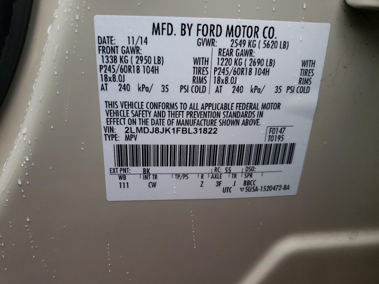 Photo 10 from auction – 2015 LINCOLN MKX with VIN 2LMDJ8JK1FBL31822