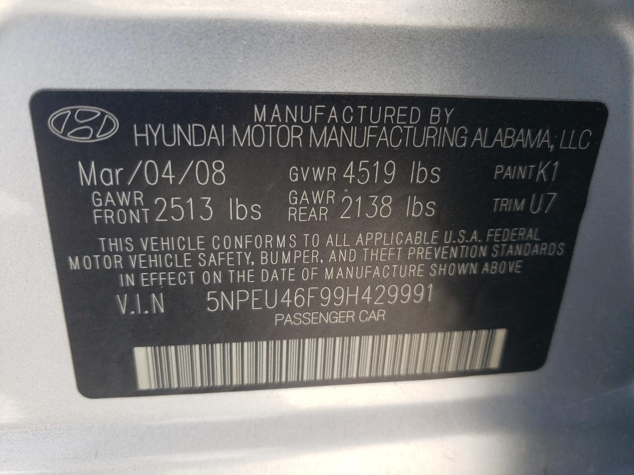 Photo 10 from auction – 2009 HYUNDAI SONATA SE with VIN 5NPEU46F99H429991