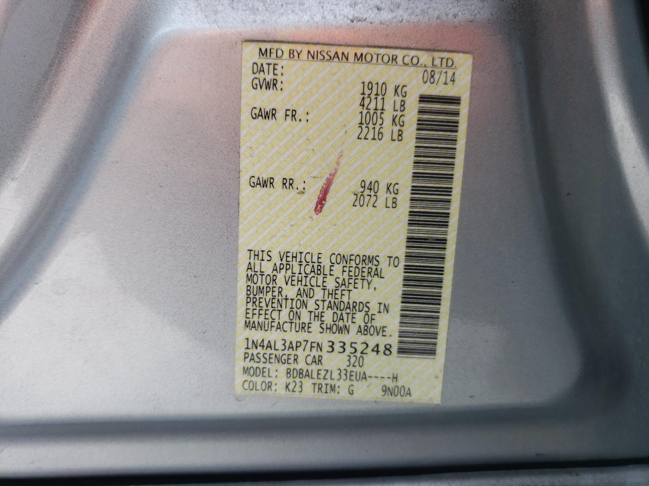 Photo 10 from auction – 2015 NISSAN ALTIMA 2.5 with VIN 1N4AL3AP7FN335248