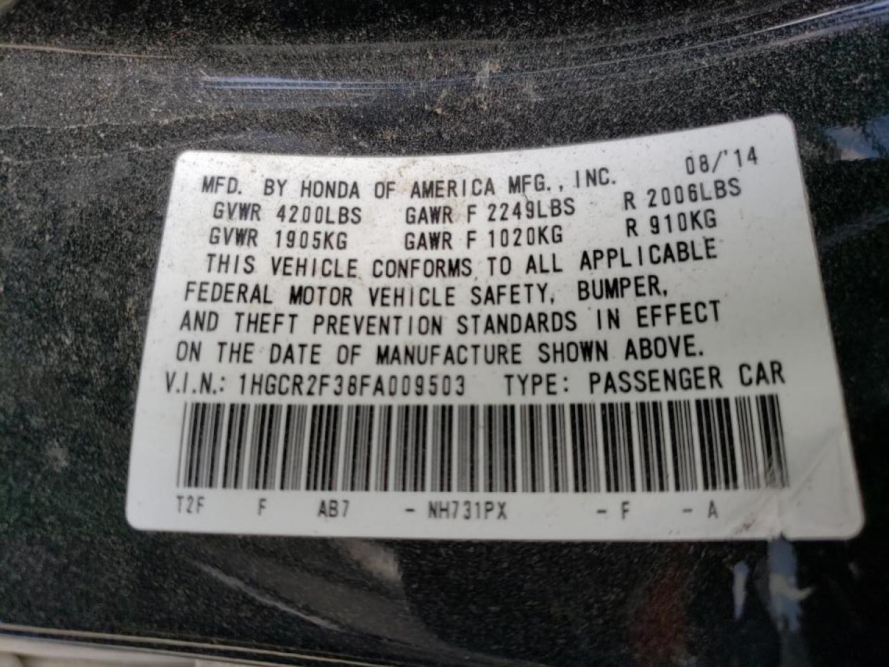 Photo 10 from auction – 2015 HONDA ACCORD LX with VIN 1HGCR2F38FA009503