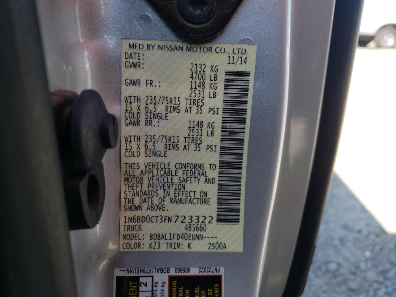 Photo 10 from auction – 2015 NISSAN FRONTIER S with VIN 1N6BD0CT3FN723322