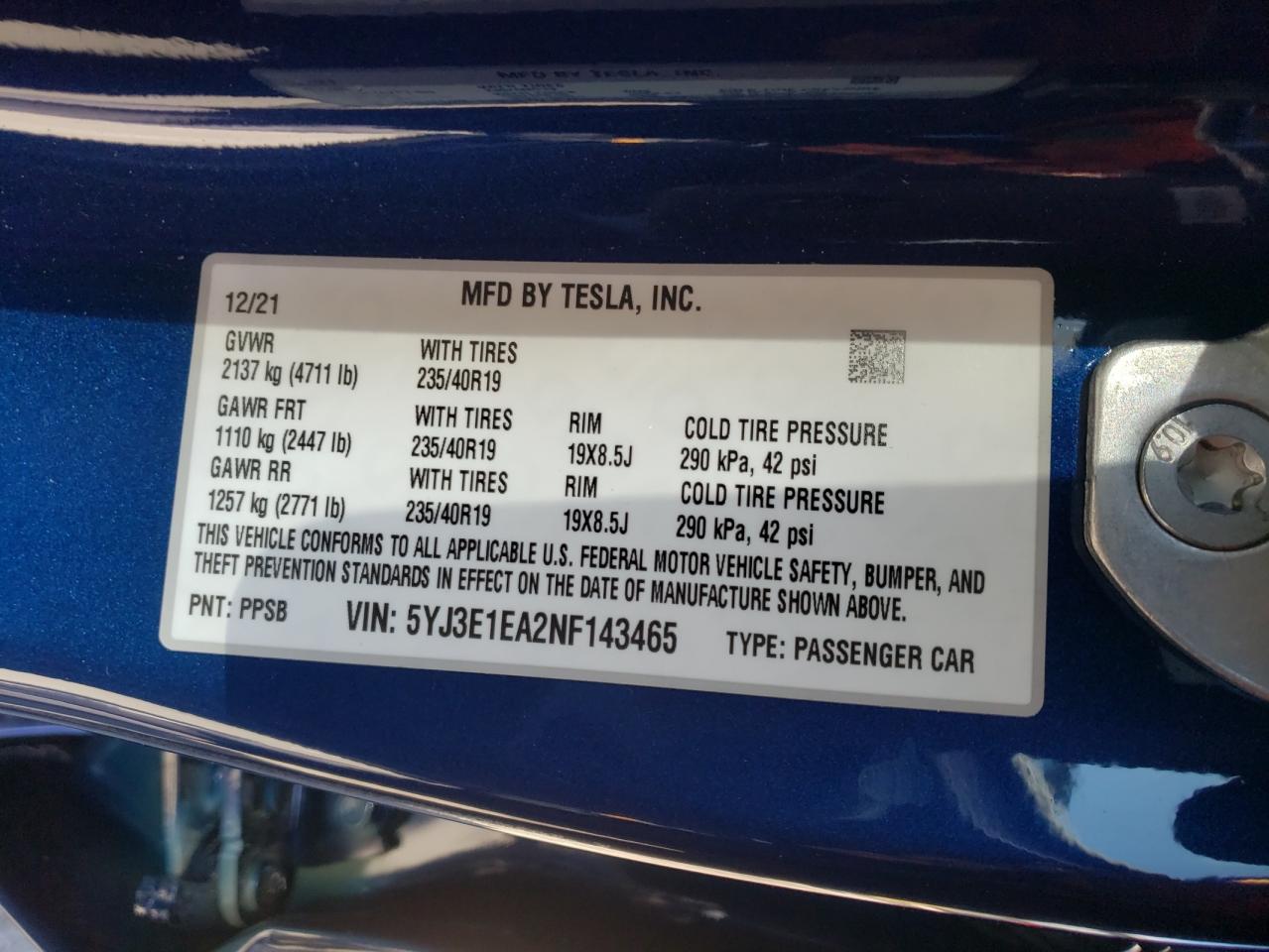 Photo 10 from auction – 2022 TESLA MODEL 3 with VIN 5YJ3E1EA2NF143465