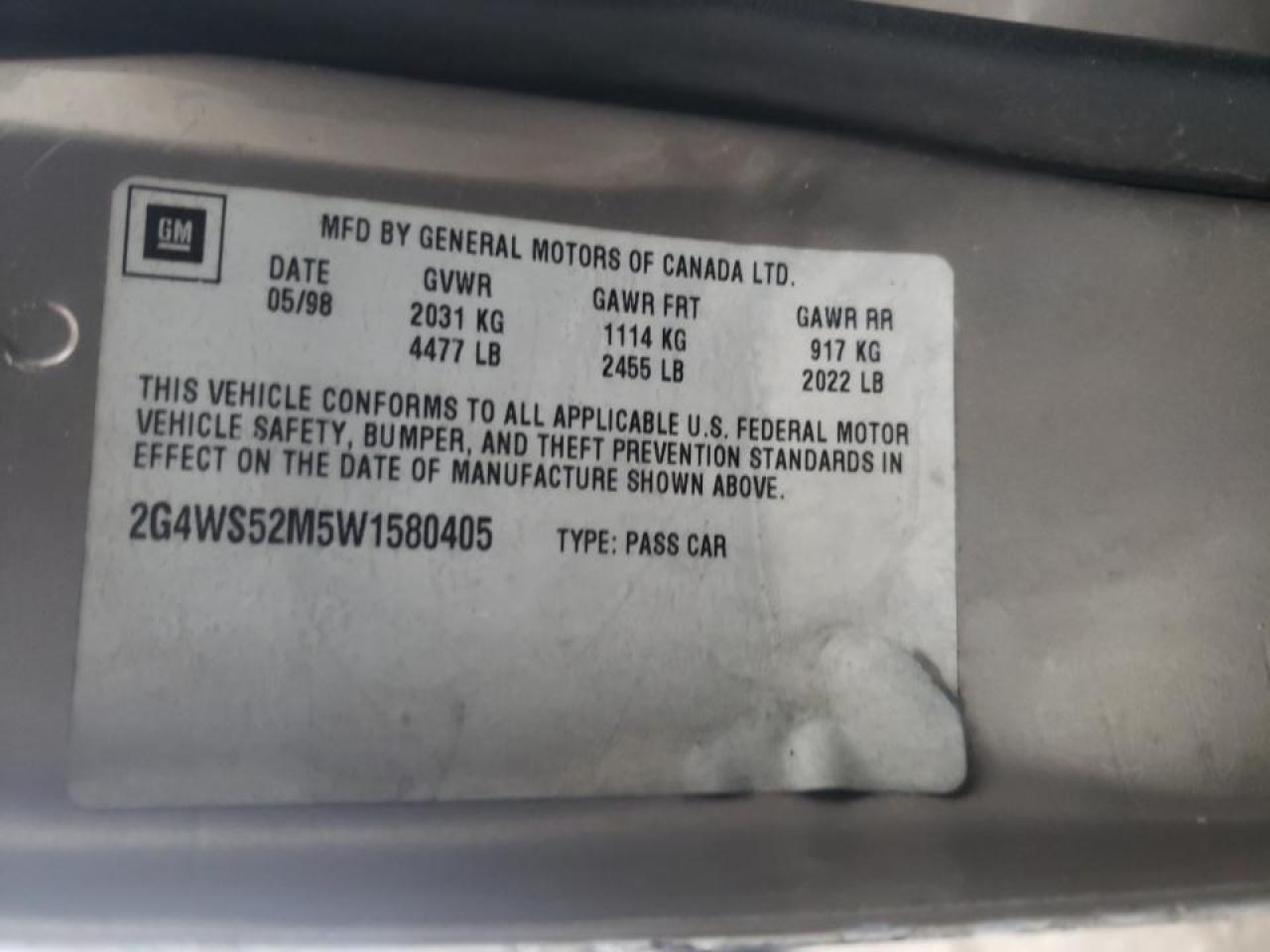 Photo 10 from auction – 1998 BUICK CENTURY CU with VIN 2G4WS52M5W1580405