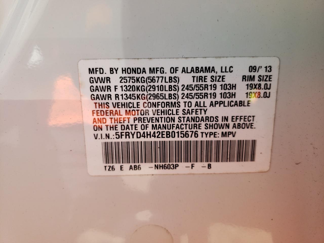 Photo 10 from auction – 2014 ACURA MDX TECHNO with VIN 5FRYD4H42EB015676