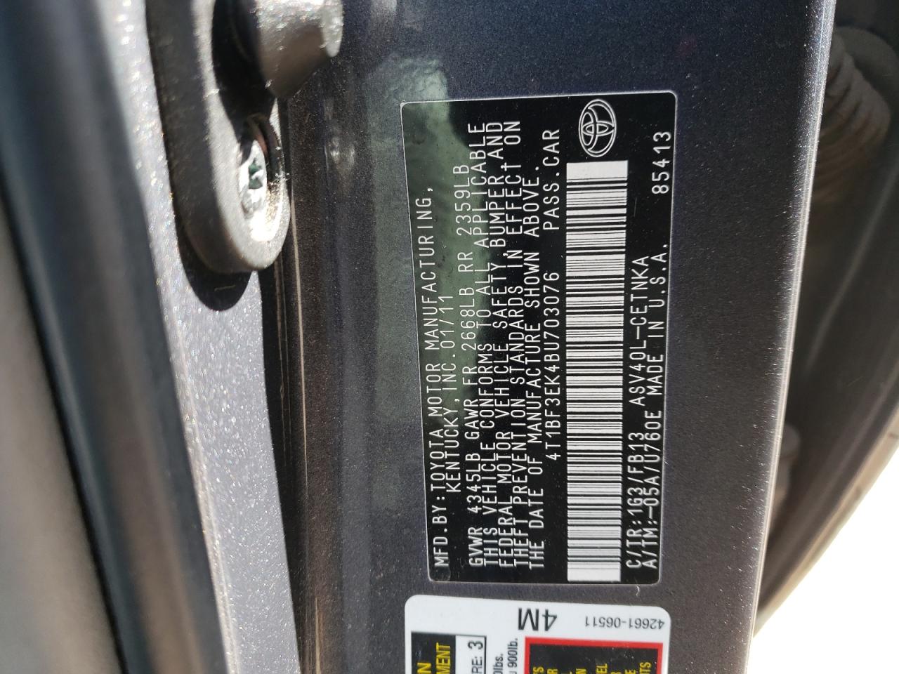 Photo 10 from auction – 2011 TOYOTA CAMRY BASE with VIN 4T1BF3EK4BU703076