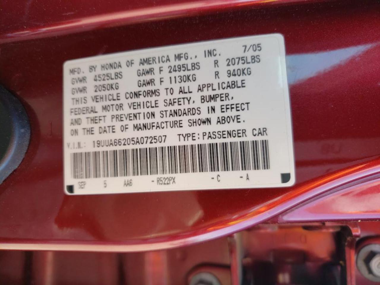 Photo 10 from auction – 2005 ACURA TL with VIN 19UUA66205A072507