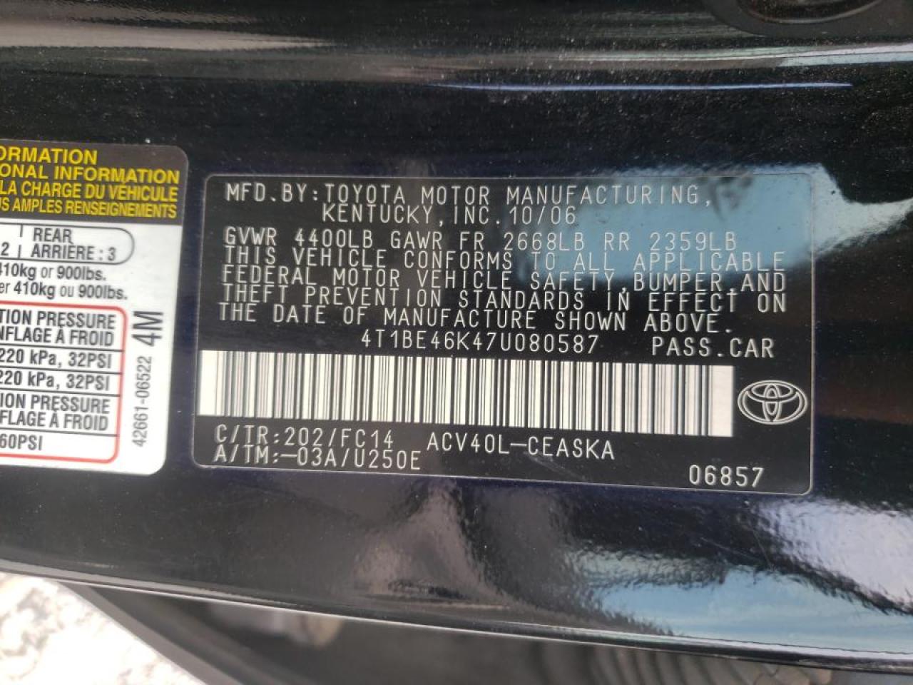 Photo 10 from auction – 2007 TOYOTA CAMRY CE with VIN 4T1BE46K47U080587