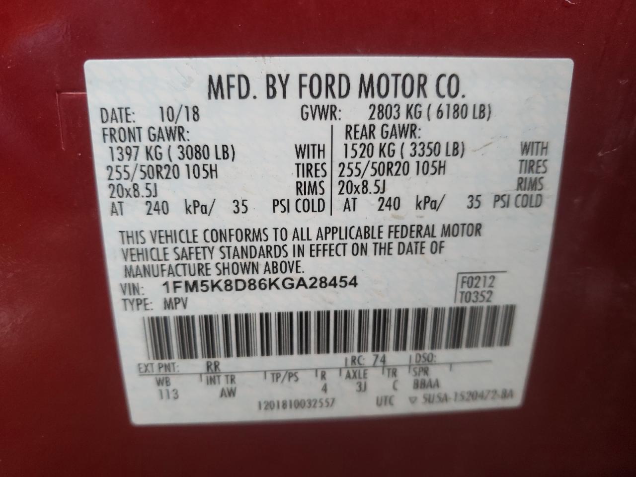 Photo 11 from auction – 2019 FORD EXPLORER X with VIN 1FM5K8D86KGA28454