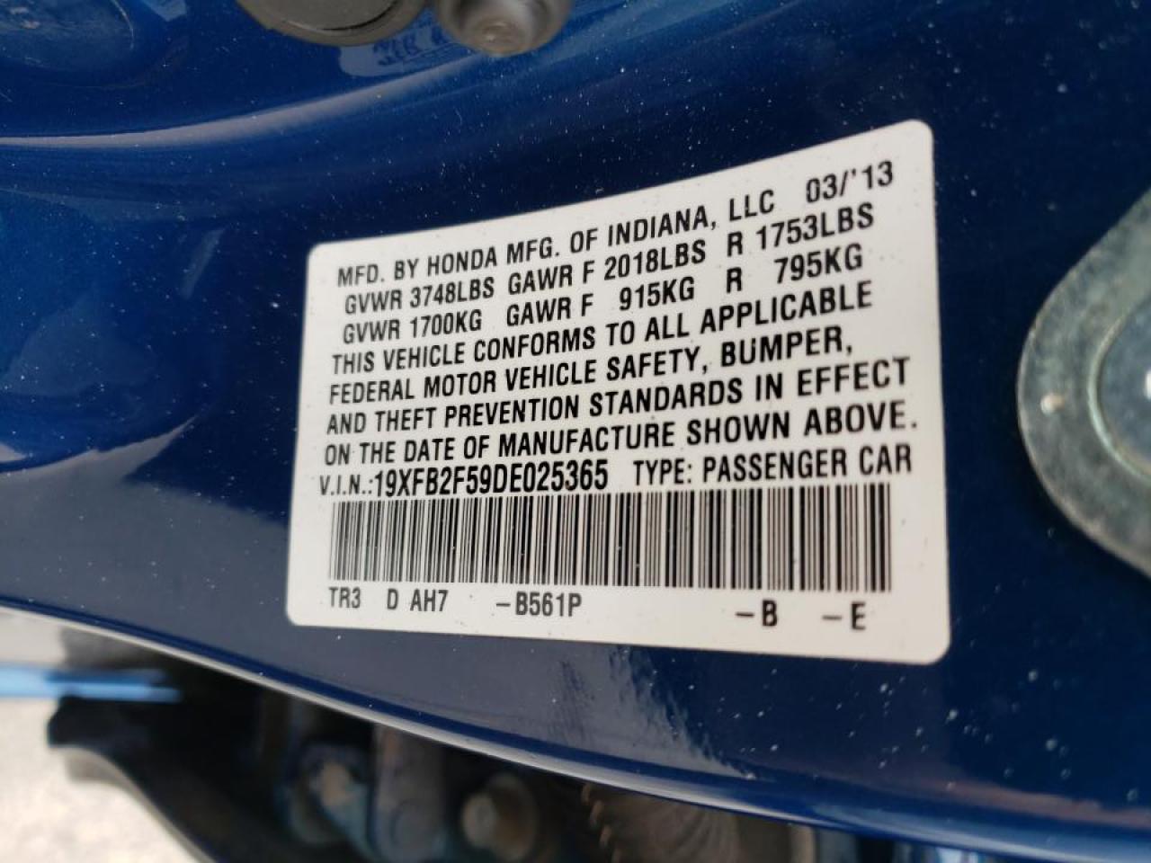 Photo 10 from auction – 2013 HONDA CIVIC LX with VIN 19XFB2F59DE025365