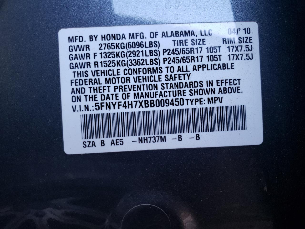 Photo 10 from auction – 2011 HONDA PILOT EXLN with VIN 5FNYF4H7XBB009450