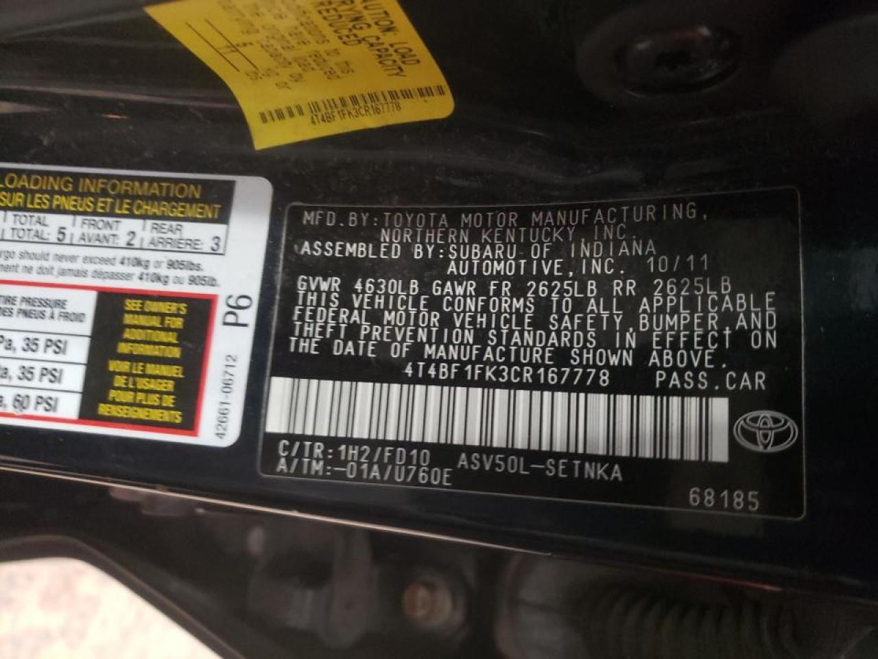 Photo 10 from auction – 2012 TOYOTA CAMRY BASE with VIN 4T4BF1FK3CR167778