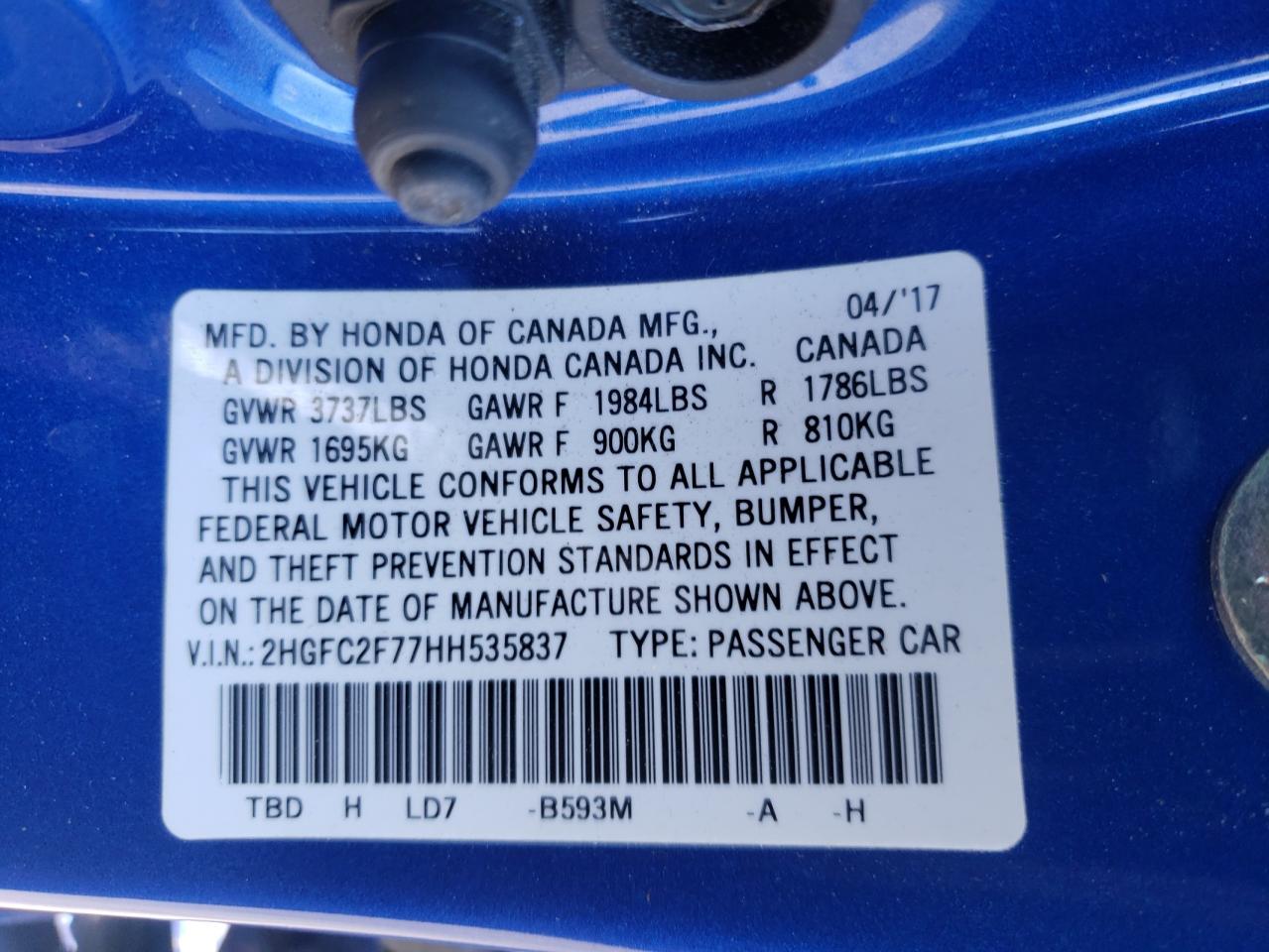 Photo 10 from auction – 2017 HONDA CIVIC EX with VIN 2HGFC2F77HH535837