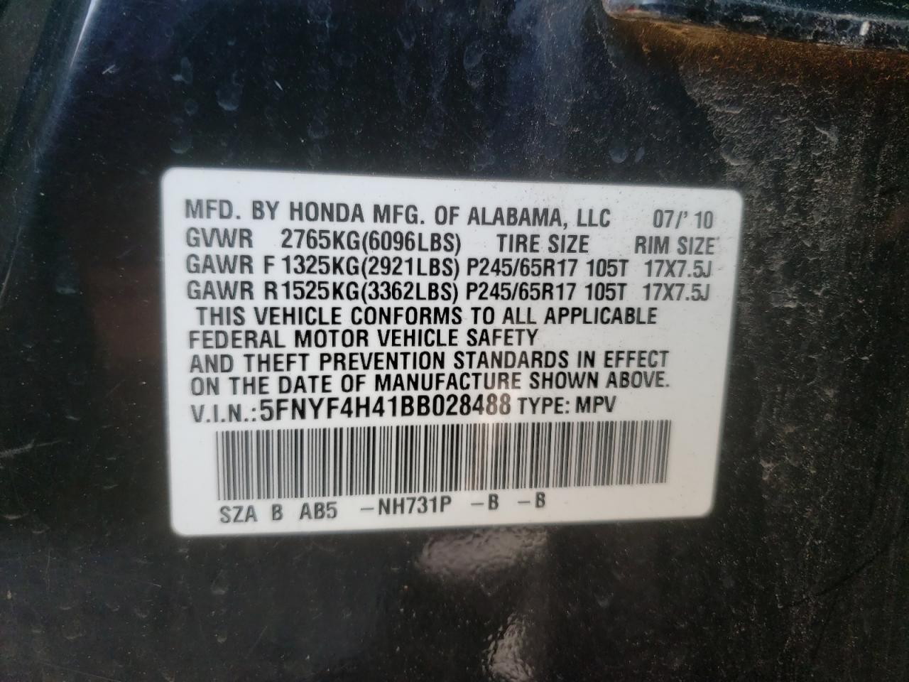 Photo 10 from auction – 2011 HONDA PILOT EX with VIN 5FNYF4H41BB028488