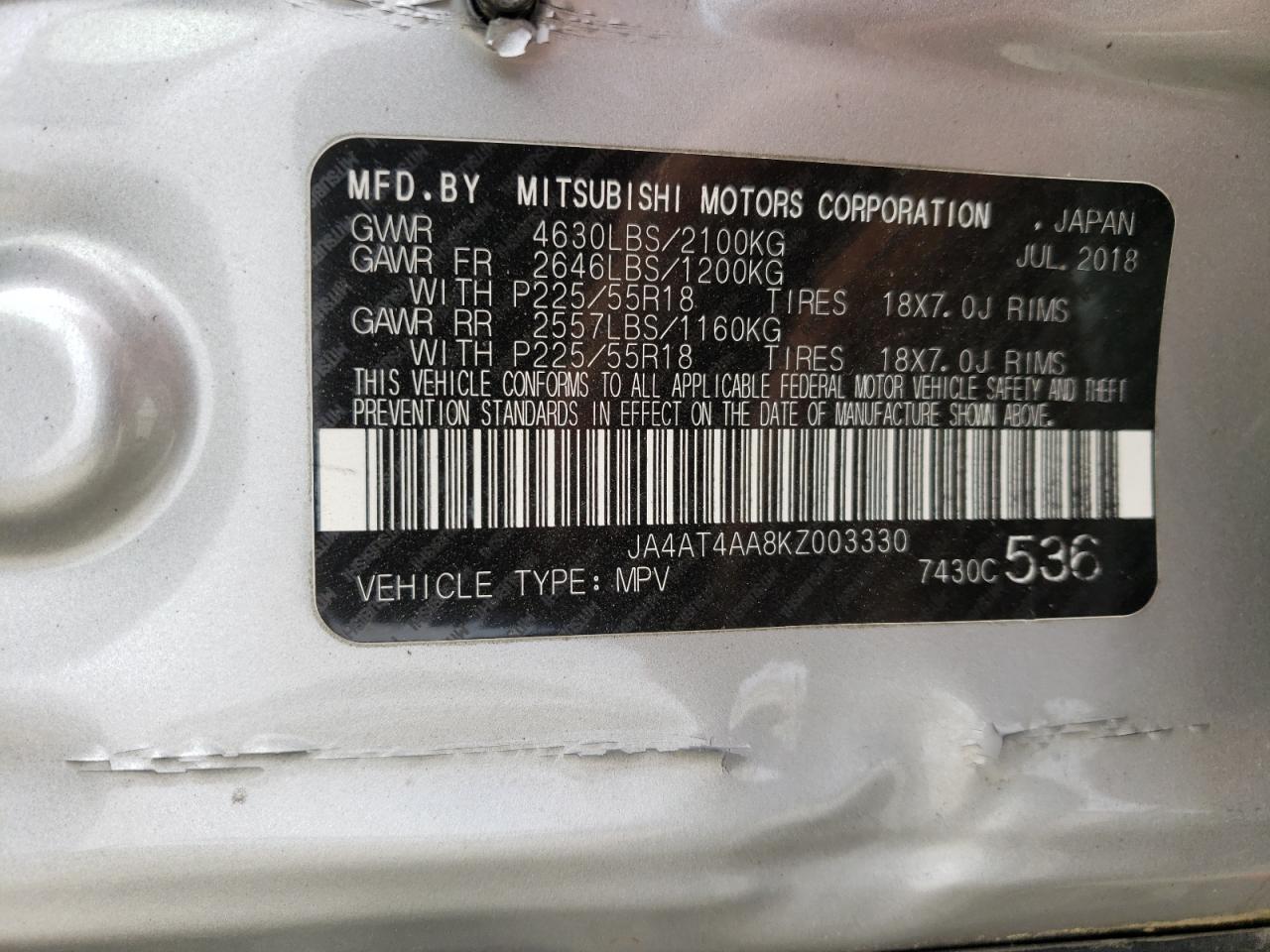 Photo 10 from auction – 2019 MITSUBISHI ECLIPSE CR with VIN JA4AT4AA8KZ003330