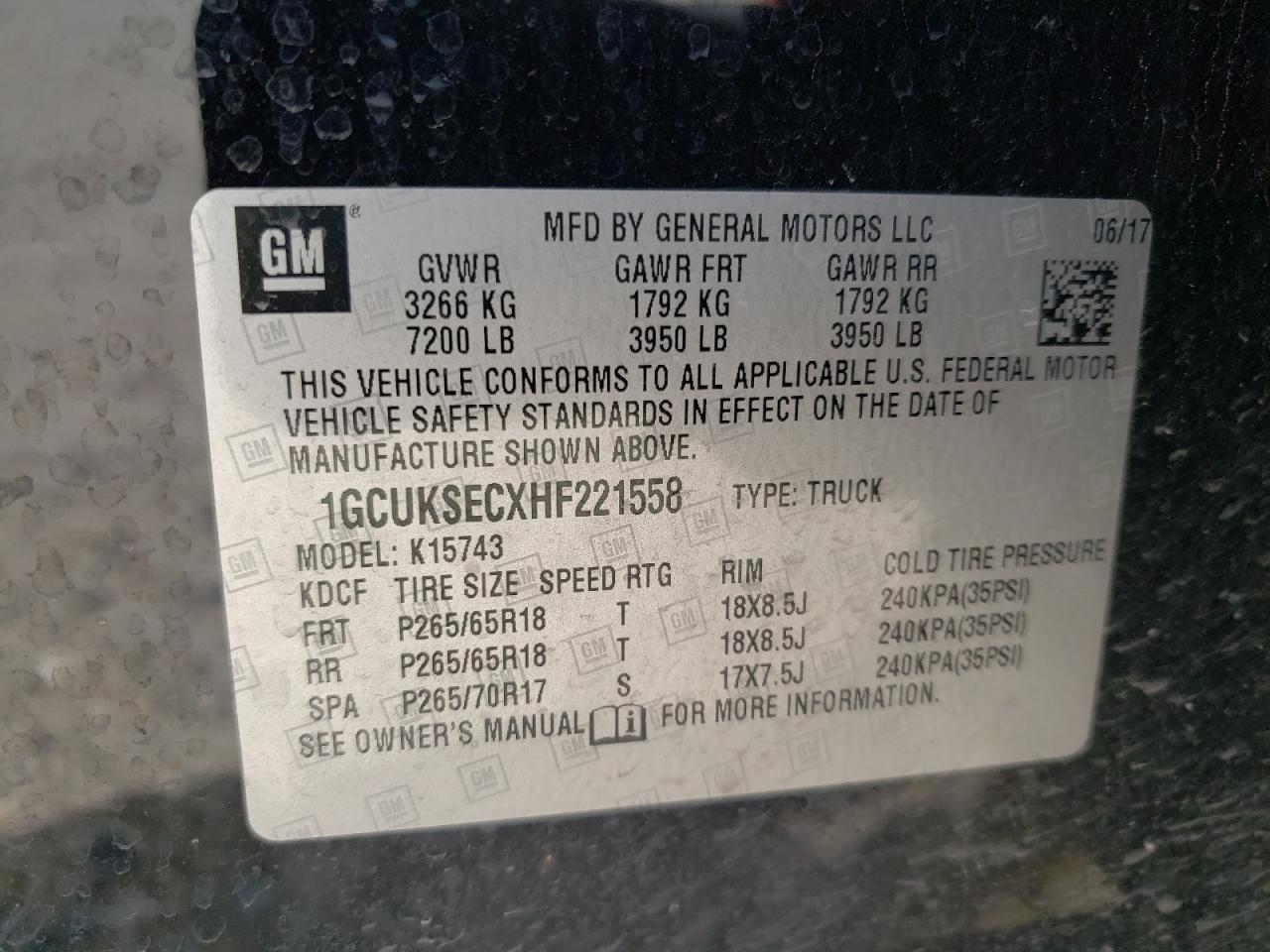 Photo 10 from auction – 2017 CHEVROLET SILVERADO with VIN 1GCUKSECXHF221558