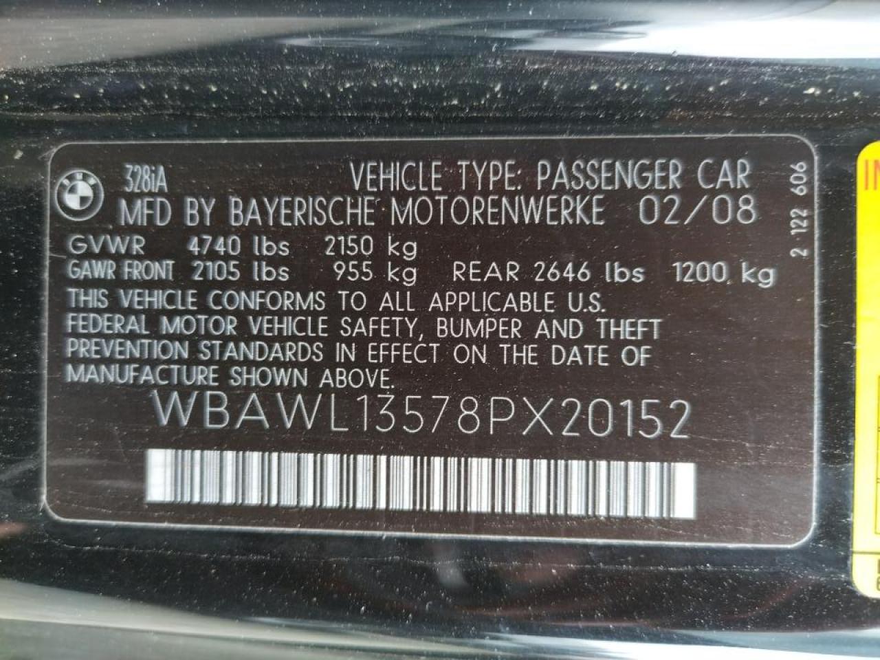 Photo 10 from auction – 2008 BMW 328 I with VIN WBAWL13578PX20152