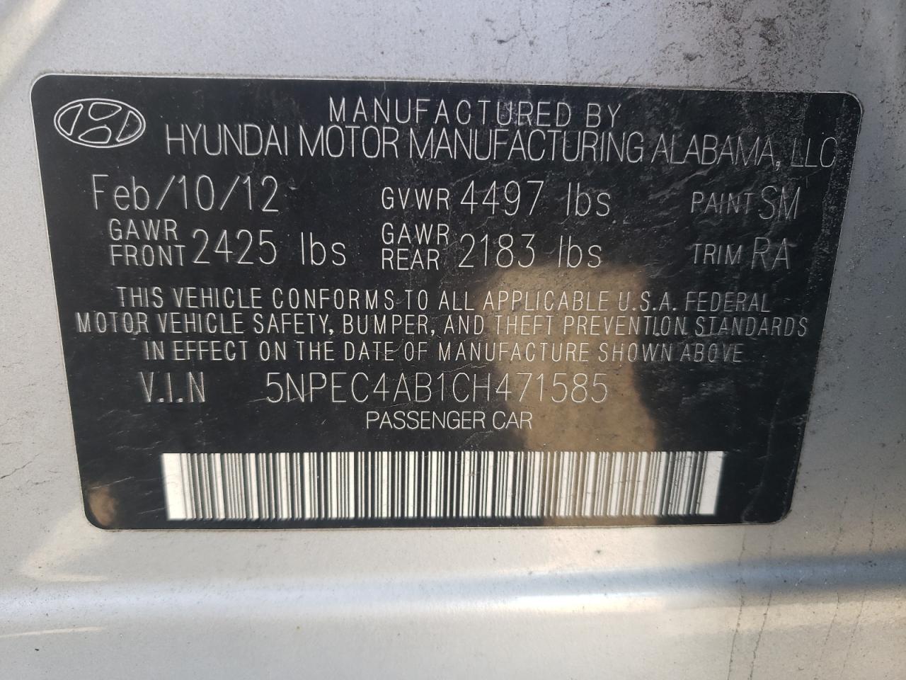 Photo 10 from auction – 2012 HYUNDAI SONATA SE with VIN 5NPEC4AB1CH471585