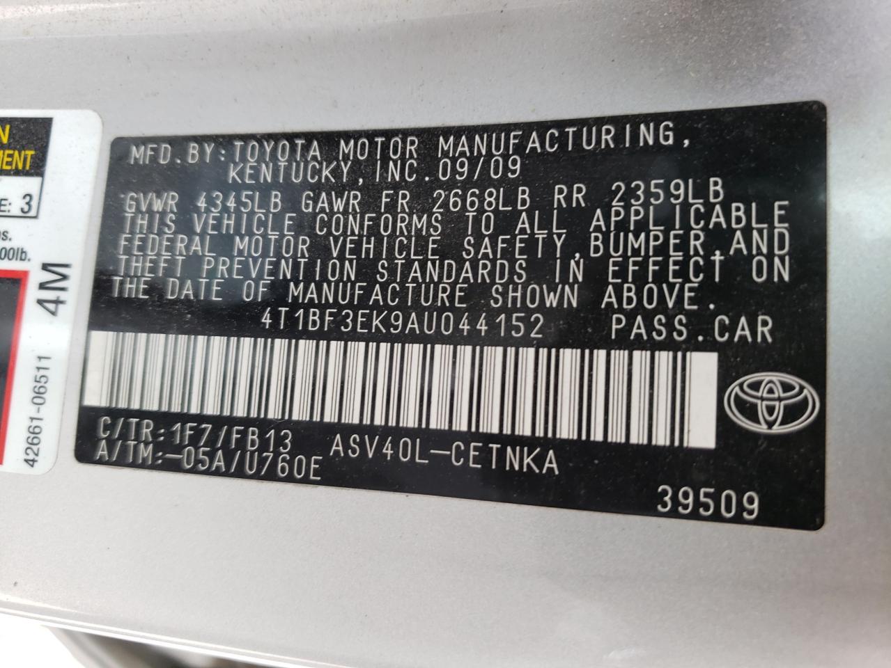 Photo 10 from auction – 2010 TOYOTA CAMRY BASE with VIN 4T1BF3EK9AU044152