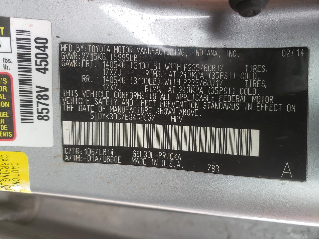 Photo 10 from auction – 2014 TOYOTA SIENNA XLE with VIN 5TDYK3DC7ES459937