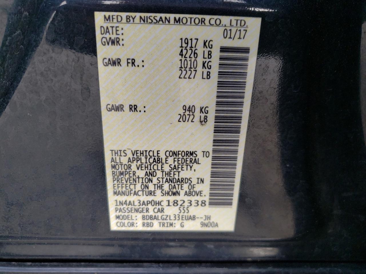 Photo 10 from auction – 2017 NISSAN ALTIMA 2.5 with VIN 1N4AL3AP0HC182338