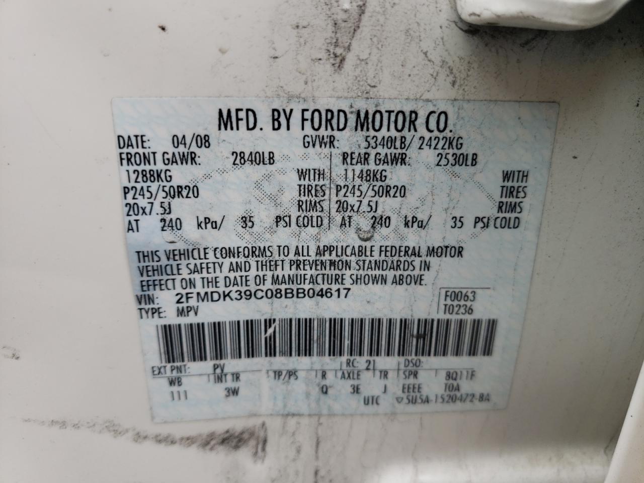 Photo 10 from auction – 2008 FORD EDGE LIMIT with VIN 2FMDK39C08BB04617