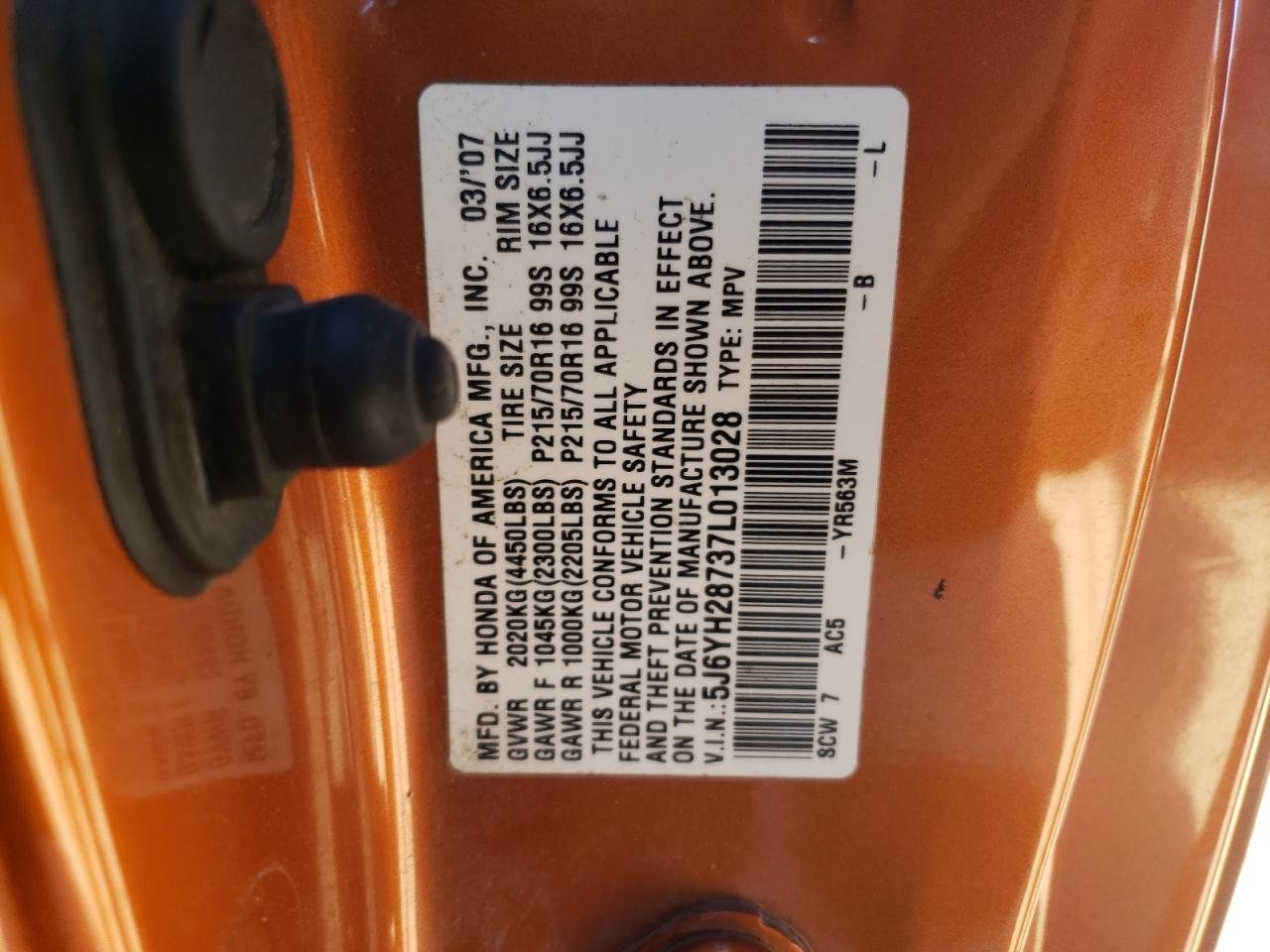 Photo 10 from auction – 2007 HONDA ELEMENT EX with VIN 5J6YH28737L013028