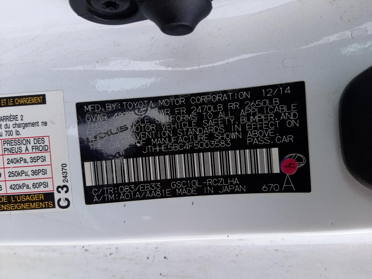 Photo 10 from auction – 2015 LEXUS RC 350 with VIN JTHHE5BC4F5003583