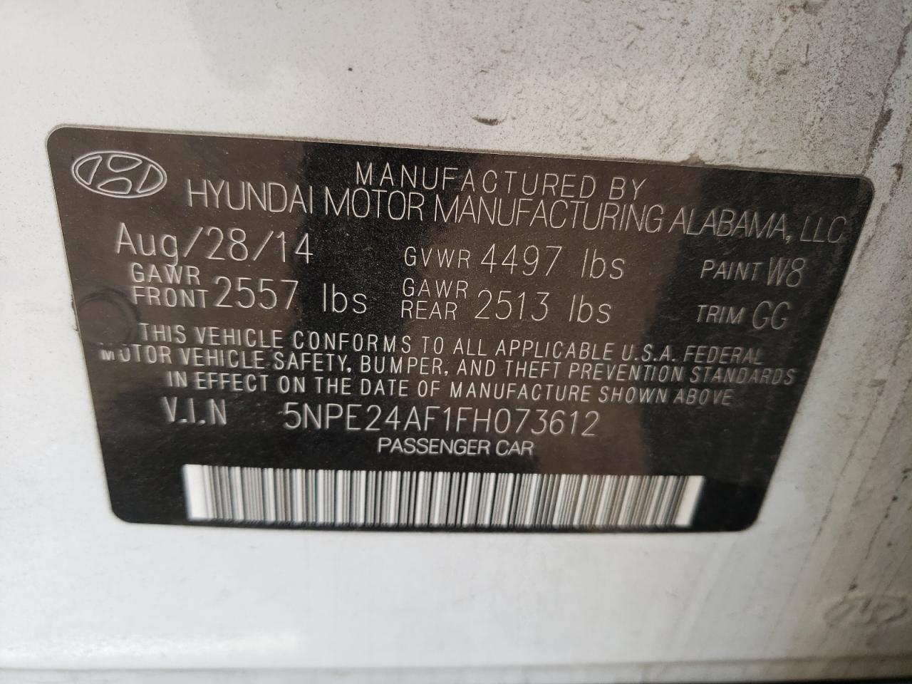 Photo 10 from auction – 2015 HYUNDAI SONATA SE with VIN 5NPE24AF1FH073612