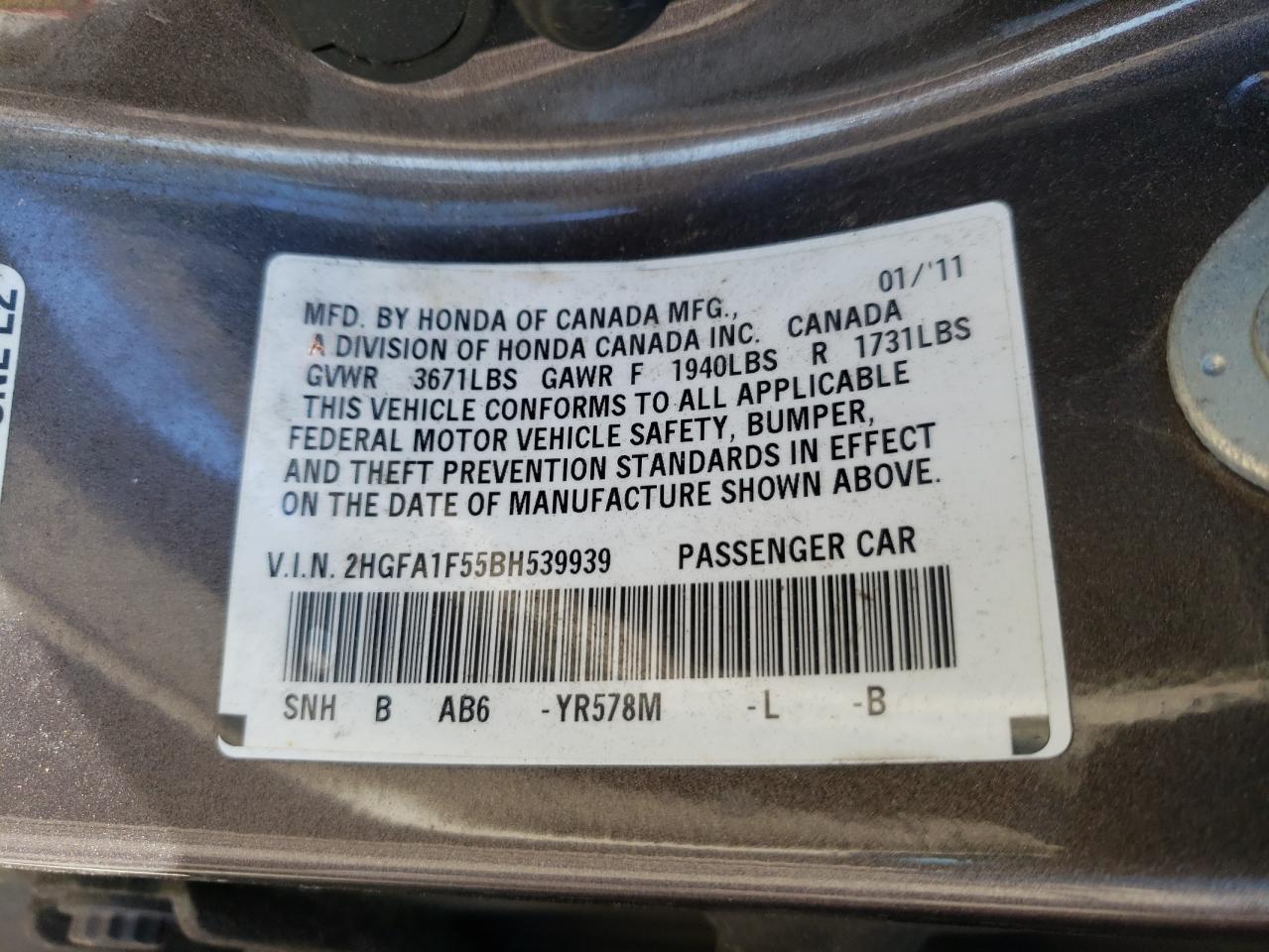 Photo 10 from auction – 2011 HONDA CIVIC LX with VIN 2HGFA1F55BH539939