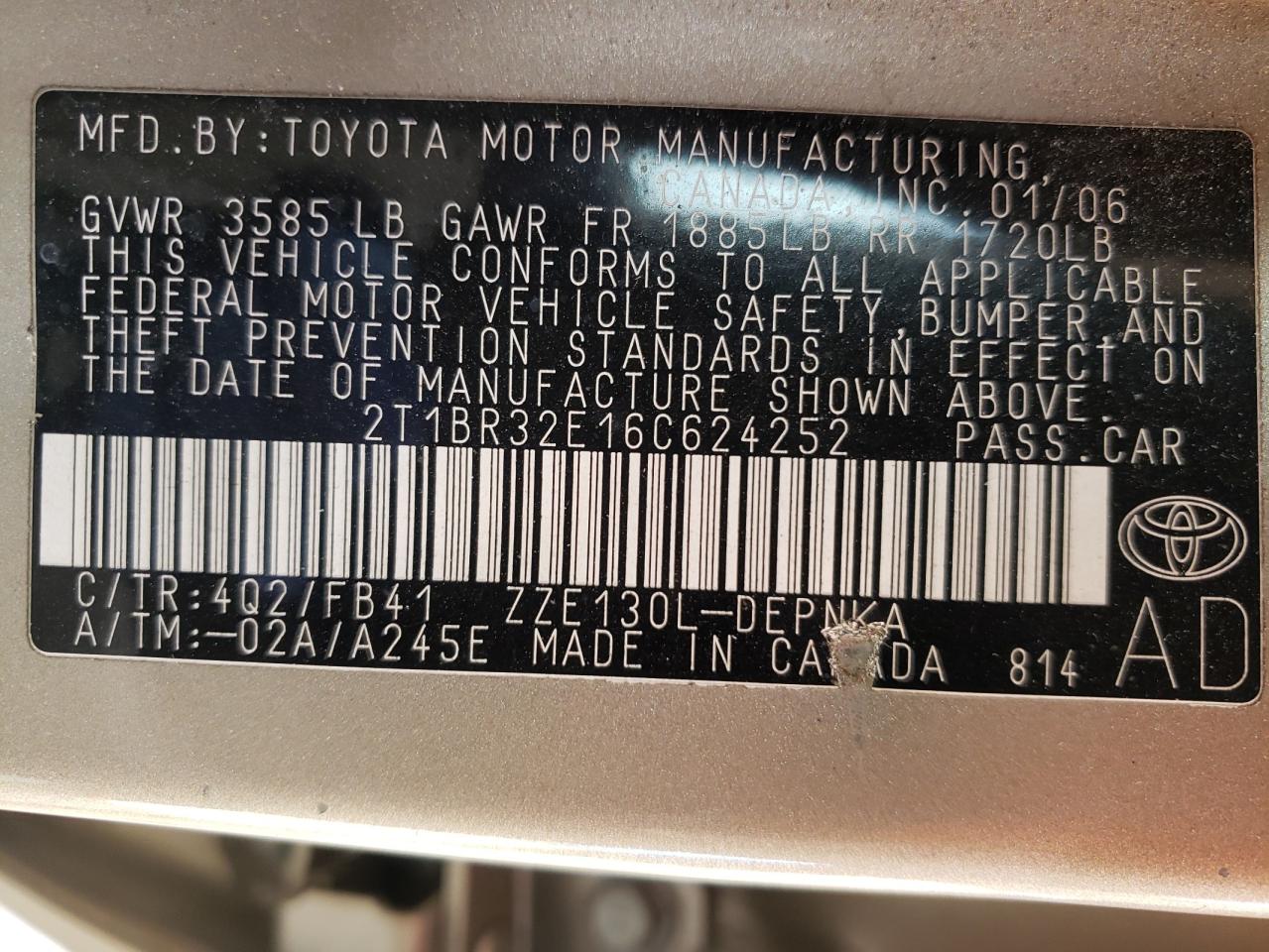 Photo 10 from auction – 2006 TOYOTA COROLLA CE with VIN 2T1BR32E16C624252