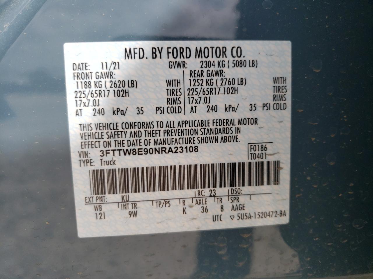 Photo 10 from auction – 2022 FORD MAVERICK X with VIN 3FTTW8E90NRA23108