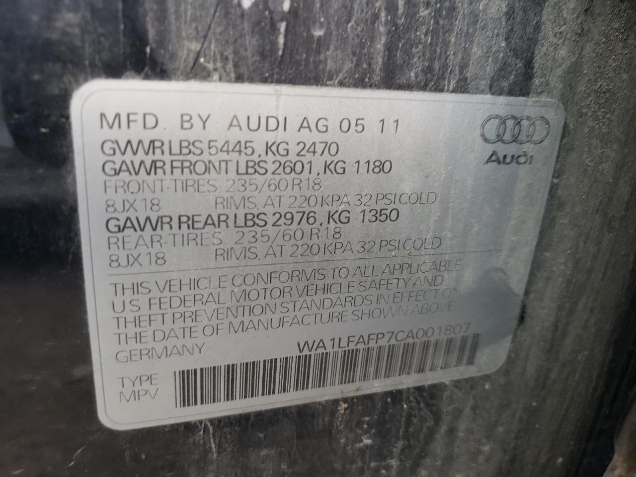 Photo 10 from auction – 2012 AUDI Q5 PREMIUM with VIN WA1LFAFP7CA001807