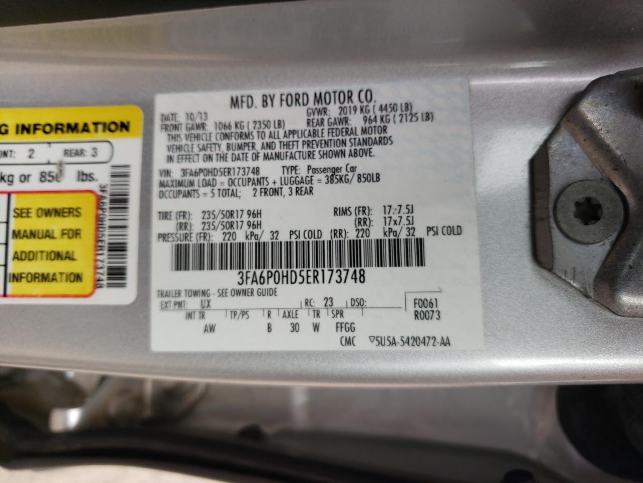 Photo 10 from auction – 2014 FORD FUSION SE with VIN 3FA6P0HD5ER173748