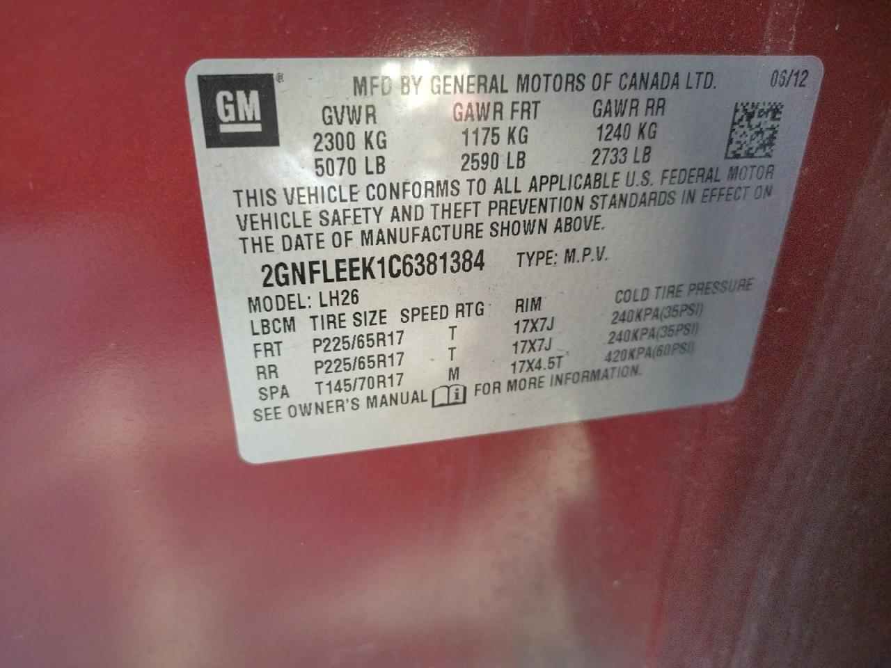 Photo 10 from auction – 2012 CHEVROLET EQUINOX with VIN 2GNFLEEK1C6381384