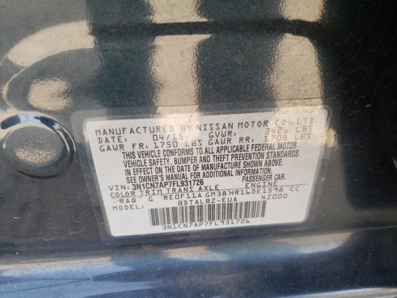 Photo 10 from auction – 2015 NISSAN VERSA S with VIN 3N1CN7AP7FL931726