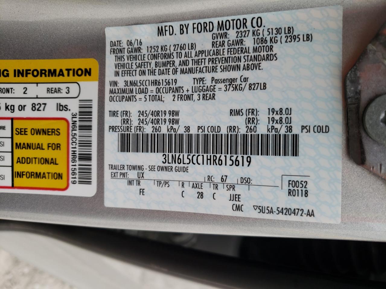Photo 10 from auction – 2017 LINCOLN MKZ SELECT with VIN 3LN6L5CC1HR615619