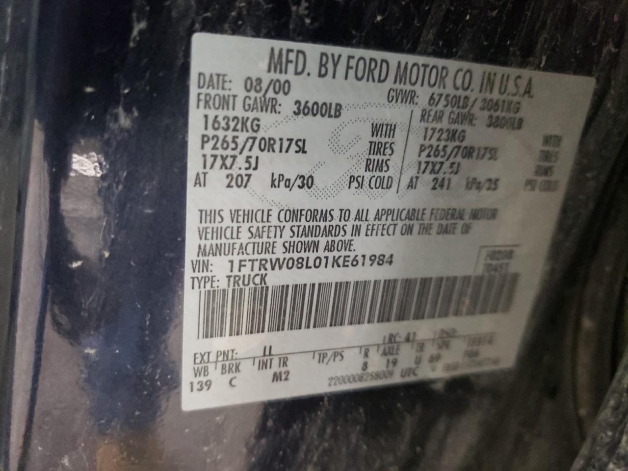 Photo 10 from auction – 2001 FORD F150 SUPER with VIN 1FTRW08L01KE61984