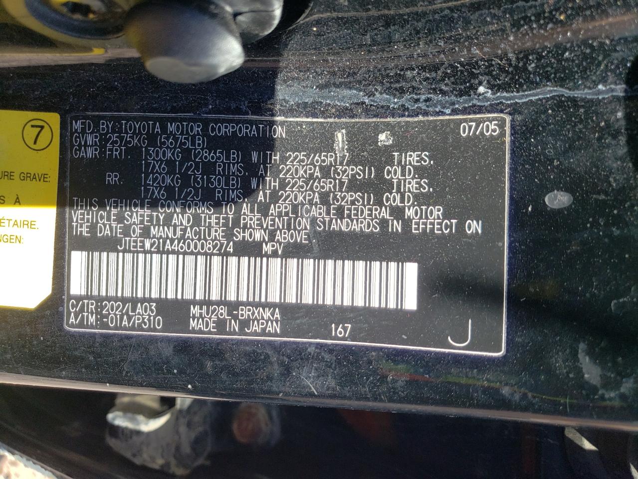Photo 10 from auction – 2006 TOYOTA HIGHLANDER with VIN JTEEW21A460008274