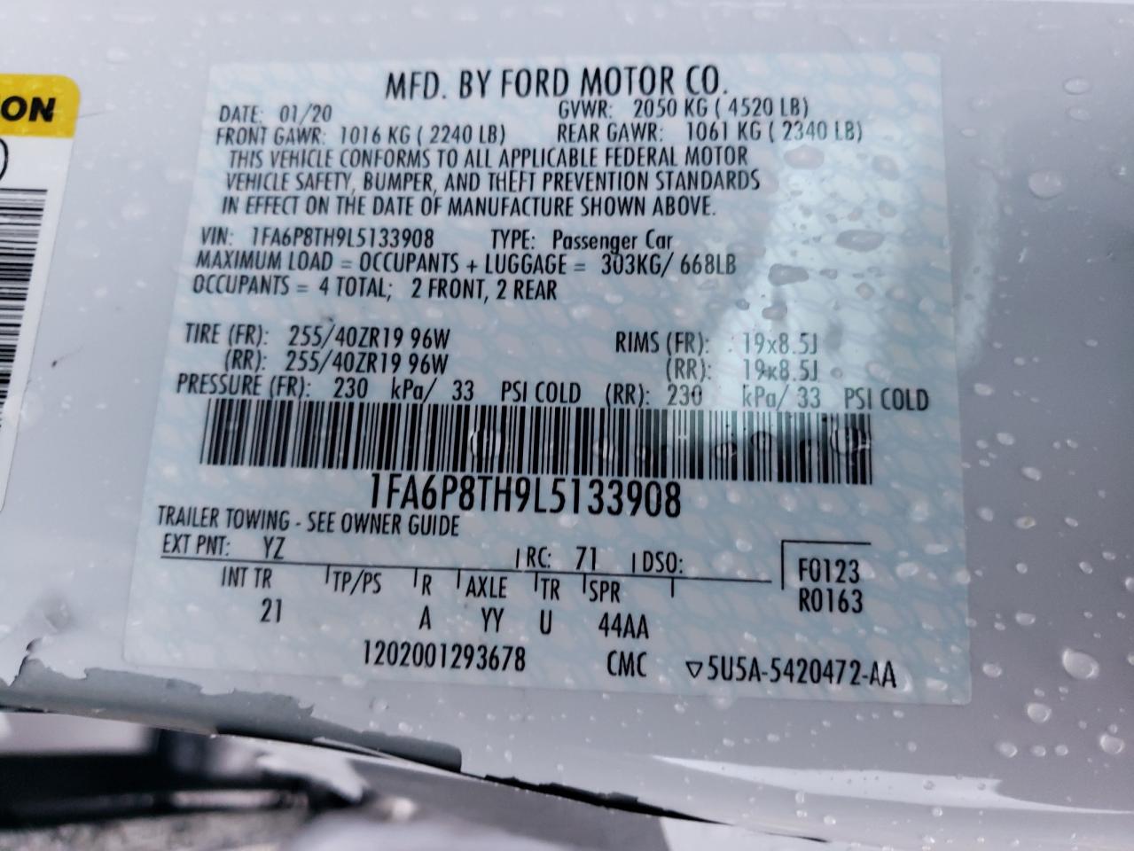 Photo 10 from auction – 2020 FORD MUSTANG with VIN 1FA6P8TH9L5133908