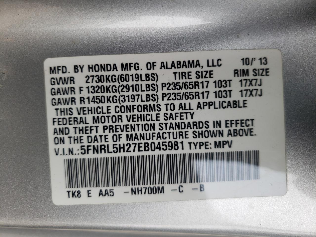 Photo 10 from auction – 2014 HONDA ODYSSEY LX with VIN 5FNRL5H27EB045981