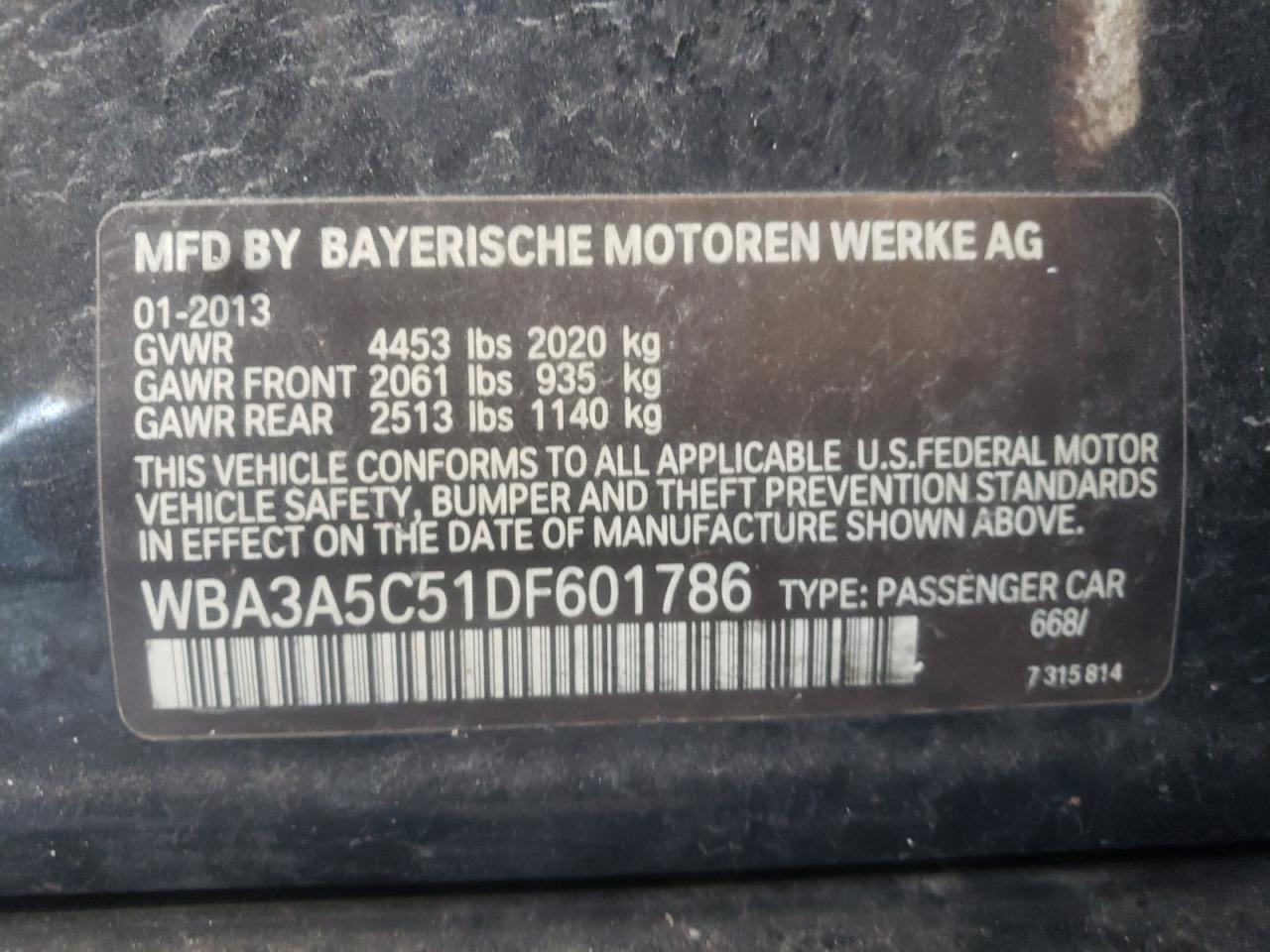 Photo 10 from auction – 2013 BMW 328 I with VIN WBA3A5C51DF601786