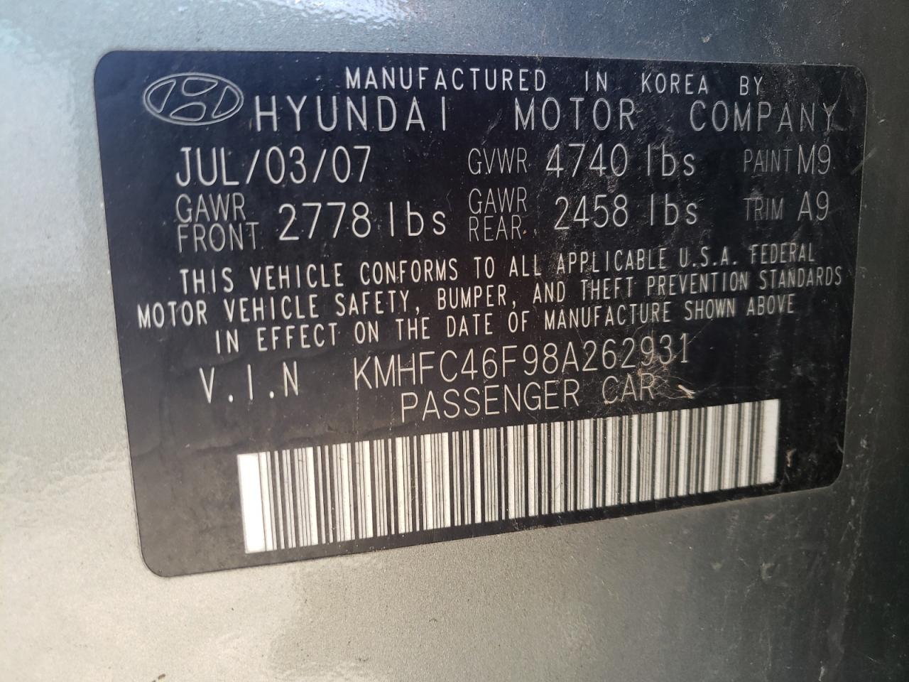 Photo 10 from auction – 2008 HYUNDAI AZERA SE with VIN KMHFC46F98A262931