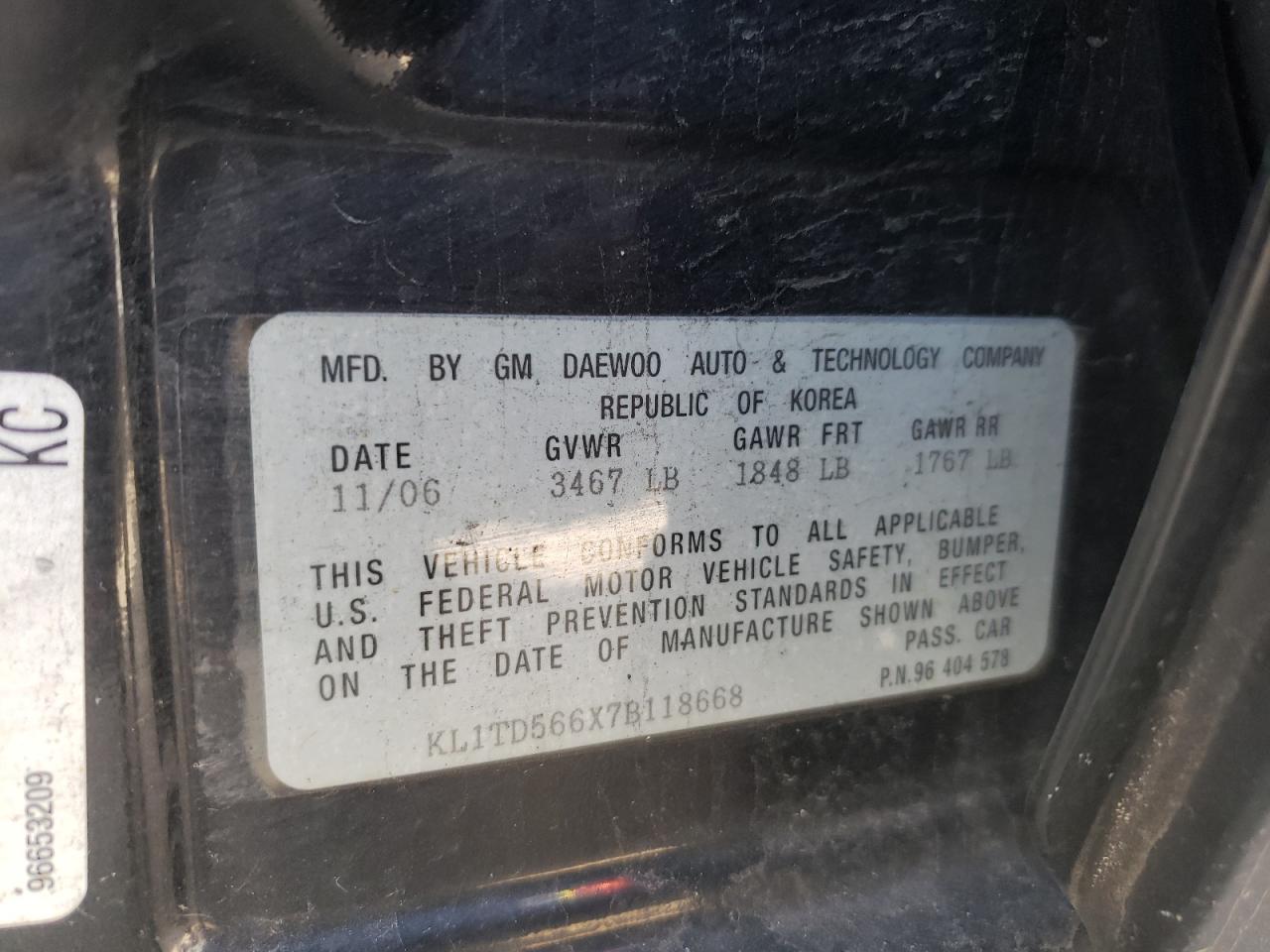 Photo 10 from auction – 2007 CHEVROLET AVEO BASE with VIN KL1TD566X7B118668